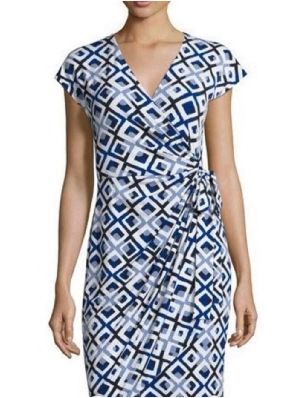 Maggie London Blue & White Geometric Wrap Midi Dress